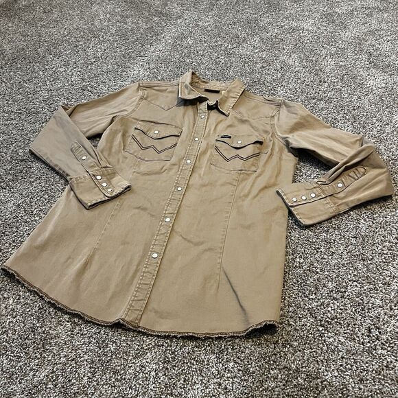 Wrangler Shirt Womens Medium Brown Western Pearl Snap Rodeo Long Sleeve Khaki - Picture 8 of 12